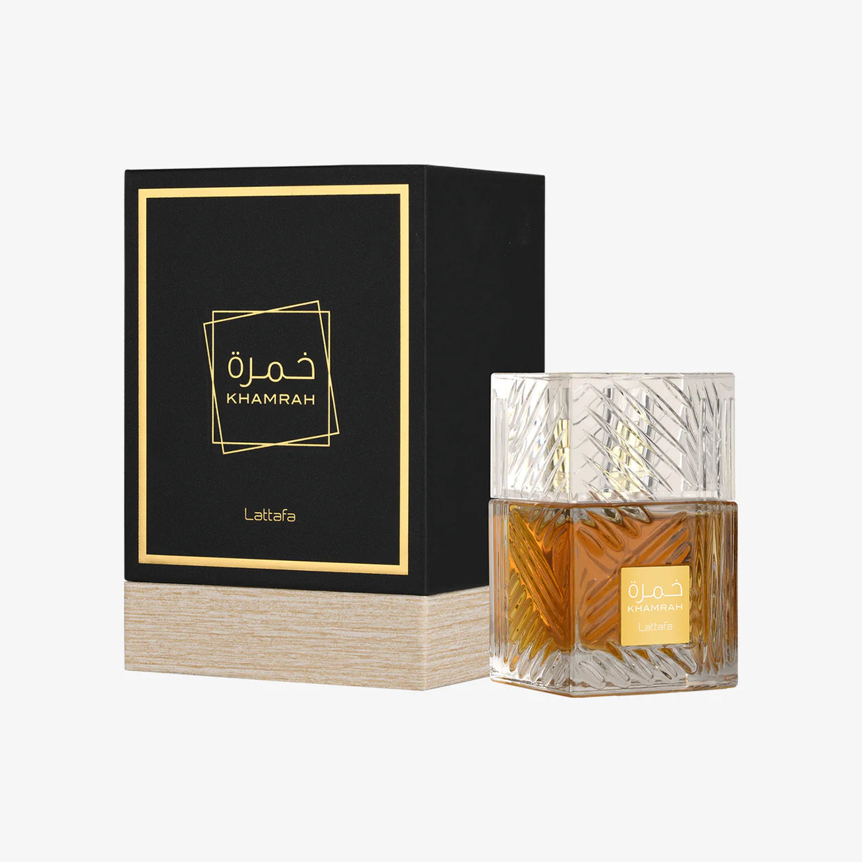 Lattafa Khamrah perfume arabe frasco dourado com embalagem